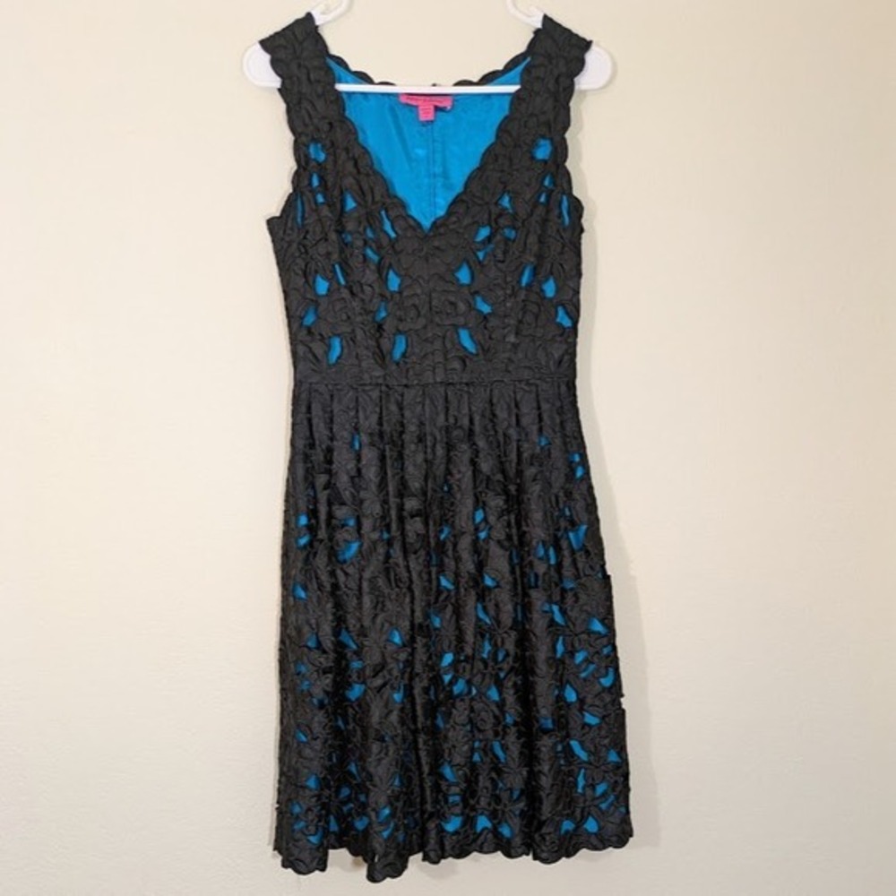 Betsey Johnson Black Lace‎ Overlay Dress Blue Fit & Flare Coquette Party 4